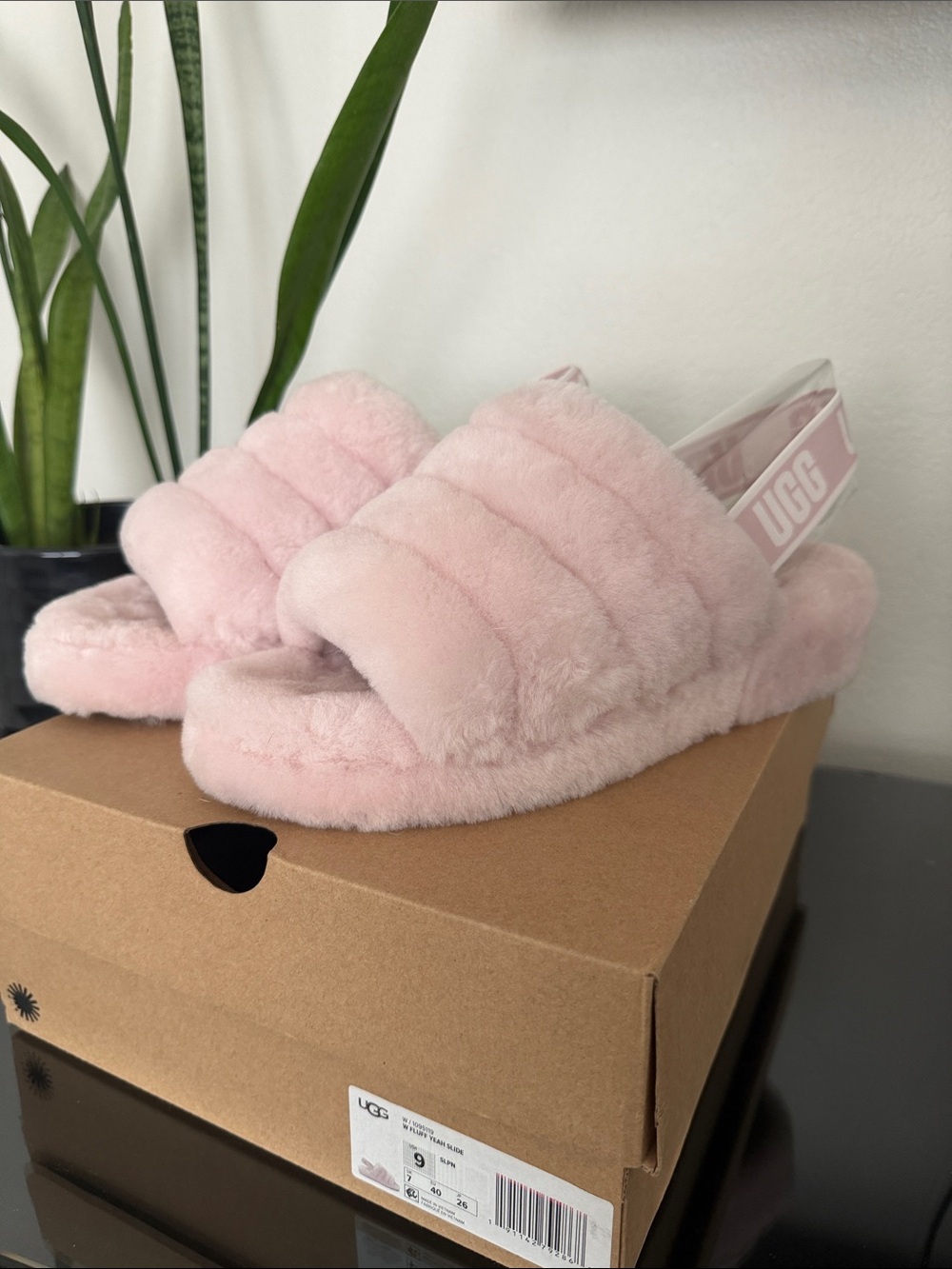 UGG Blush Pink Plush Slide Sandals with Branded Heel Strap - Picture 2 of 8